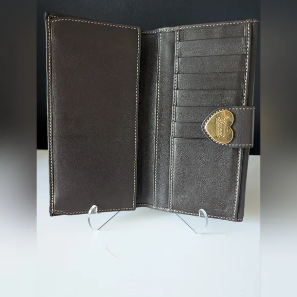Gucci GG Vintage Brown Monogram Long Wallet with Gold Heart Snap - Picture 8 of 12